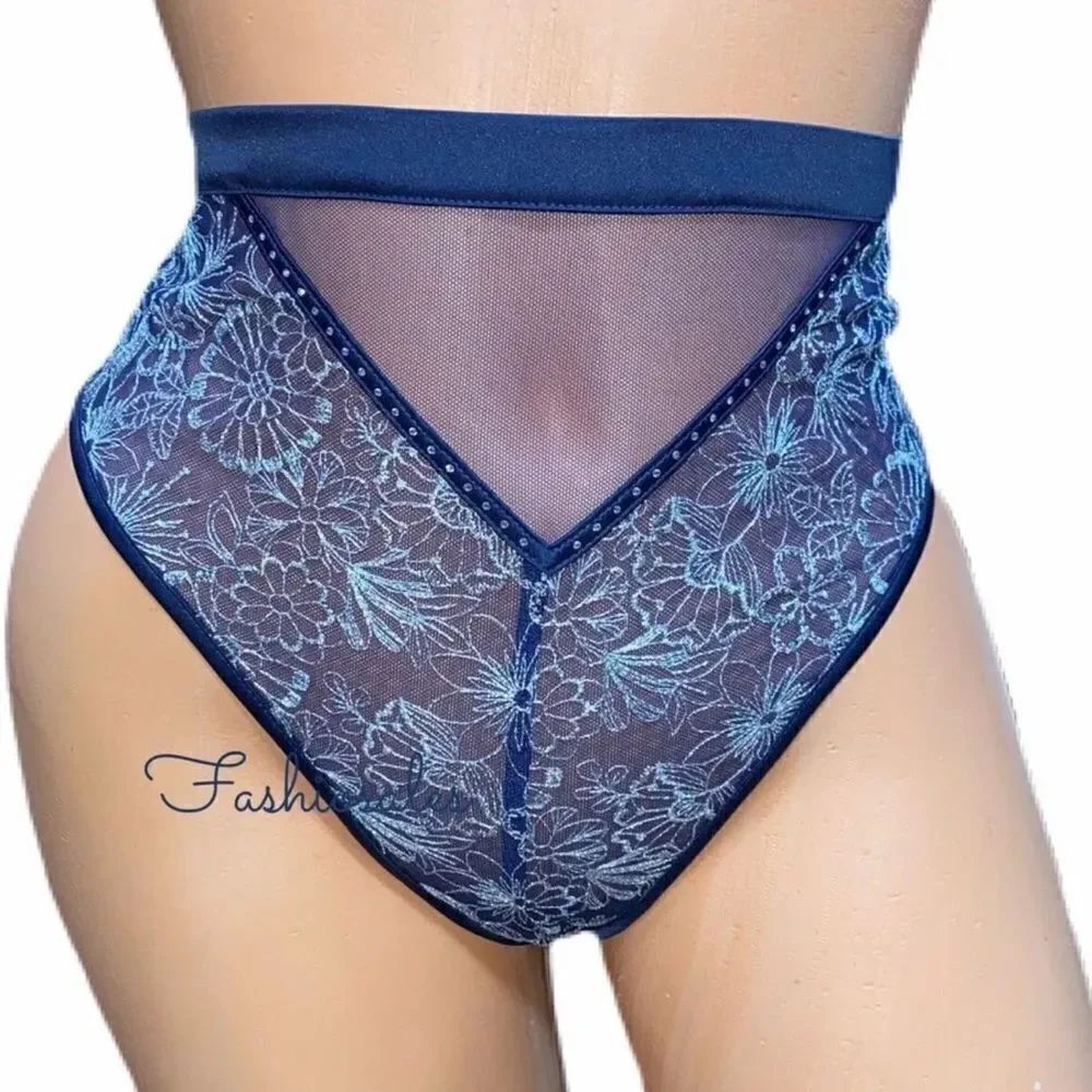 Victorias Secret Luxe Embroidered mesh Rhinestone High-waist thong Panty Blue M